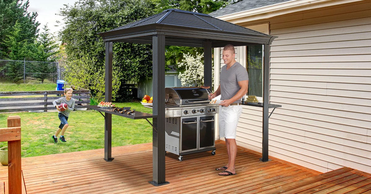 a grill gazebo adds stule and function to your backyard tailgate party