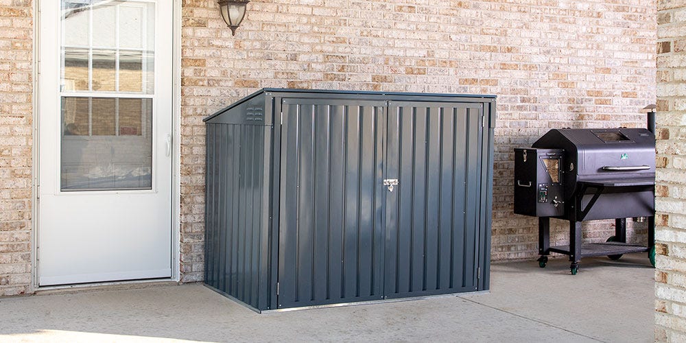 vertical storage shed for pool storage